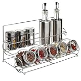 All-in-1 Stainless Steel Condiment Set With 2 Oil / Vinegar Bottle Cruets, 3 Shaker Spice Jars, 5 Glass Canister Jars & Chrome Rack