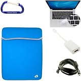 Bundle Set: Apple MacBook Pro / MacBook Air 13.3 Inch Black / Blue Laptop Carrying Case Reversible Sleeve, Keyboard Silicone Skin Cover, Mini DisplayPort Male to HDMI Female Adapter, HDMI Male to Male 6 Feet Extension Cable, and a Free Carabiner Key Chain