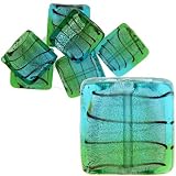 Blue Green Stripes 19x19mm Silver Foil Murano Glass Bracelet Loose Beads