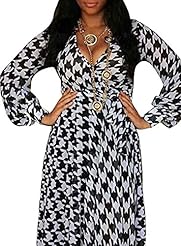 Sexy V-neck Houndstooth Print Empire   Waistline Stretchy Floor Length Long Sleeves Polyester/Spandex Club Dress/Party Dress 
