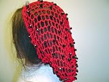 S201rdb, Hand Crocheted Red Metallic Gimp Large Snood with Black Beads .