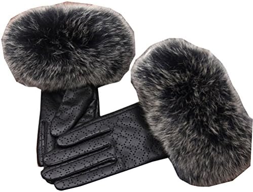 HINY Women's Luxury Large Fox Fur Fleece Lined Thick Slim Winter Gloves