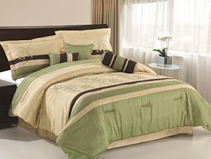 Chezmoi Collection 7-Piece Taupe Brown Forest Green Embroidered Tree Leaf Comforter 86-Inch by 88-Inch Bed in a bag Set, Full or Double Size Bedding