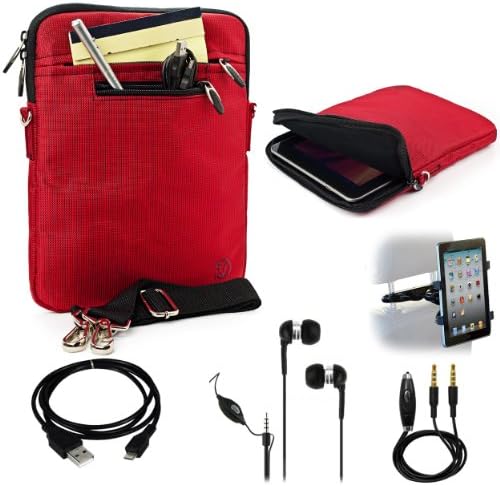 RED Mighty Nylon Jacket Slim Compact Protective Sleeve Shoulder Bag Case with accessories compartment Sony SGPT111US/S Wi-Fi Tablet (16GB) and Sony SGPT112US/S Wi-Fi Tablet (32GB) + Includes a eBigValue (TM) Determination Hand Strap + Includes a Black Micro USB Data Sync Cable + Auxilary Cable ( AUX Connectivity ) + Adjustable HeadRest Car Mount Kit + High Quality Noice Reducer MP3 Handsfree Earbuds Earphones with Mic