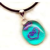 Baerreis - Sparkling Aqua - Dichroic Fused Glass Pendant - Hand Wrought Copper Wire Heart- 17 inch cord