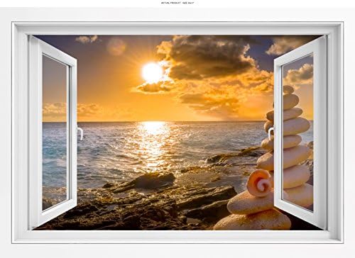 WallPix 24x17 Inch 3D Wall Sticker Decal Mural Window View of Balanced Rocks on Saint Marten Beach - PEEL and STICK - Made from tear-proof, easy-to-clean, durable Bubble Free Material