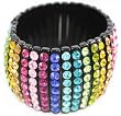 AWESOME Thick 8 Lined Multi/Rainbow Swarovski Crystals on Black Resin Stretch Bangle Bracelet