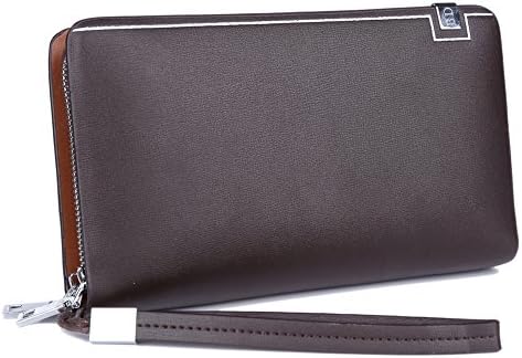 NINE MAX Men's Genuine Leather Double Zippers Business Clutch Wallet Wrist Bag Handbag Card Cash Holder Organizer (Coffee)
