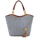 AutoM New Fashion Stripe Design Women Street Snap Candid Tote Single Shoulder Canvas Bag Handbag