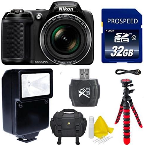 Nikon COOLPIX L340 Digital Camera. Cell Time Saving Kit Includes, Camera Flash + Extra Battery + 32GB Class 10 Memory Card + Camera Tripod + Case + Cleaning Kit + Card Reader
