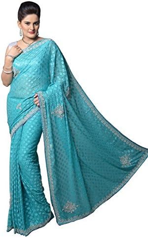 Aarti Saree Women's Designer Hand Embroidery Party Wear Faux Chiffon Saree Sky Blue Free Size