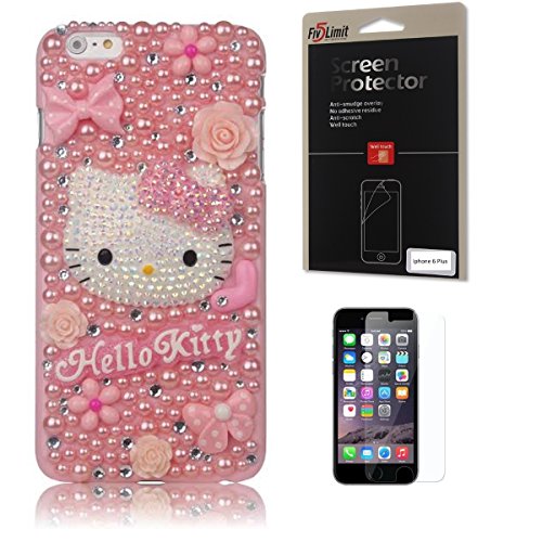 iPhone 6 Plus Bling Case, FiveLimit(TM) For Apple iPhone 6 [5.5] 3D Handmade Luxury Crystal Flower Pearl Love Pink Hello Kitty Diamond Cover Case (Package includes: 1 X Screen Protector) (Pink Cute Hello Kitty)