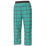 Teal Blue and Black tartan plaid check flannel cotton pants for lounging, sleep, sports. Unisex relaxed fit, available in 3 Youth sizes, exposed elastic waist