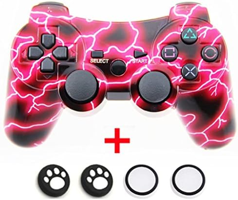 Bluetooth Wireless Dualshock Remote Gaming PS3 Controller Gamepads Consoles Joypad Joystick for with 6-Axis And Double Vibration (Red Lightning)