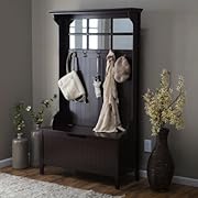 Espresso Entryway Hall Tree with Mirror Coat Hooks and Storage Bench (Black 1)