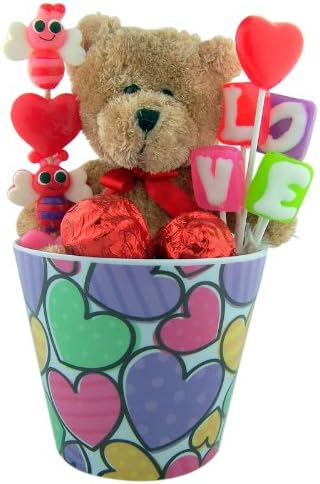 Valentines Day Gift Set Teddy Bear Plush Toy with Assorted Candy in Multi Color Heart Bucket