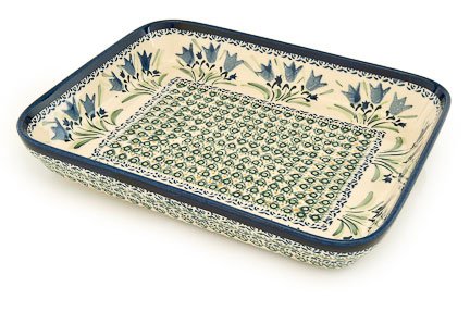 Polish Pottery Blue Tulip Large Rectangular Baker