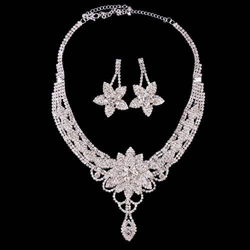 TQ Bridal Silver-Tone Cluster Flower Teardrop Crystal Necklace Earrings Set