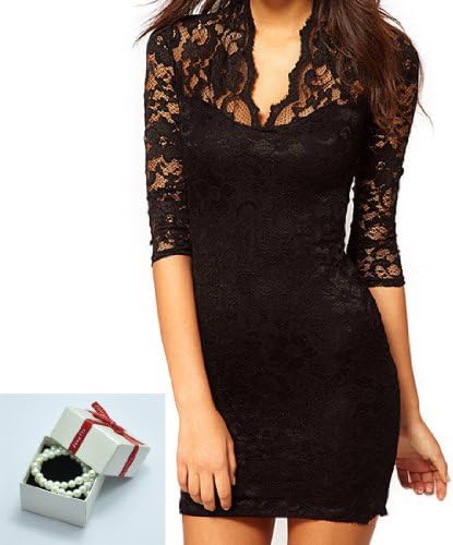 GURAIO Women's Sexy Lace dress V Neck Slim 3/5 Sleeve Cocktail Party Dresses,Black,XX-Large/US Size 12