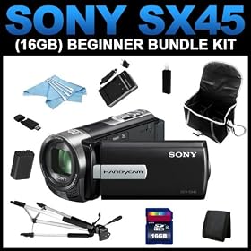Sony DCR-SX45 Handycam Camcorder (Black) (16GB Beginner Bundle Kit) includes NP-FV70 Charger, NP-FV70 Battery, 16GB SD Memory, Carrying Case, Full Size Tripod, USB Card Reader, Card Wallet, Cleaning Kit - (DCRSX45/B)