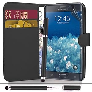 Samsung Galaxy Note Edge - Premium Leather Wallet Flip Case Cover Pouch + Screen Protector With Microfibre Polishing Cloth + Touch Screen Stylus Pen (Black)