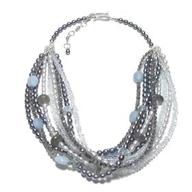 Pearl, Labradorite, Amazonite, Aquamarine Necklace by Elizabeth Showers, 15.5 by Pampered Pearls