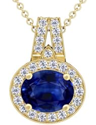 18K Yellow Gold Oval Cut Blue Sapphire And Round Diamond Pendant