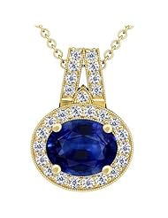 14K Yellow Gold Oval Cut Blue Sapphire And Round Diamond Pendant