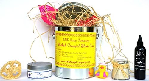 LBK SOAP COMPANY WICKED COWGIRL GLAM CAN ENCOMPASSES 8OZ LAVENDER SUGAR SOUFFLE` BODY POLISH ,20Z SPA CLAY,4OZ PURE ALMOND OIL,HOT PINK WICKED COWGIRL BANDANA ,3 BANDANA MINTS AND SWANKY SHERIFF DUCKIE