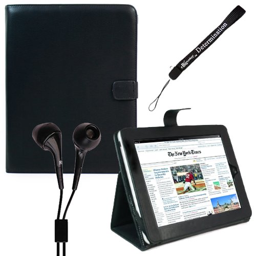 Proffesional Office Portfolio with Horizontal stand, Melrose Leather Horizontal Flip iPad Case for the Apple iPad Wifi / 3G Model 16GB, 32GB, 64GB with Extra Pocket for Miscellaneous Accessories + Includes a eBigValue (TM) Determination Hand Strap Key Chain + Hi-Fi Noise - Reducing Ear Buds Earphones for iPad 3.5 mm Jack