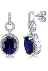 BERRICLE Sterling Silver Oval Simulated Blue Sapphire Cubic Zirconia CZ Halo Dangle Drop Earrings