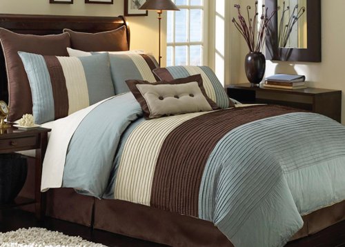 8 pc modern blue/ beige/ brown / bed in a bag / comforter set / queen size bedding/ 90