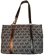 Michael Kors Purse Handbag Signature Logo Jacquard East/West Summer Tote Beige/Ebony/Bronze