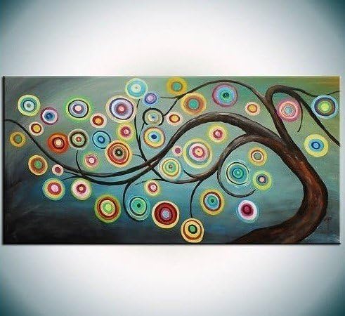 100% Hand-painted Wood Framed Colorful Tree High Q. Home Decoration Modern Abstract Oil Painting on Canvas 12x20inch Mixorde