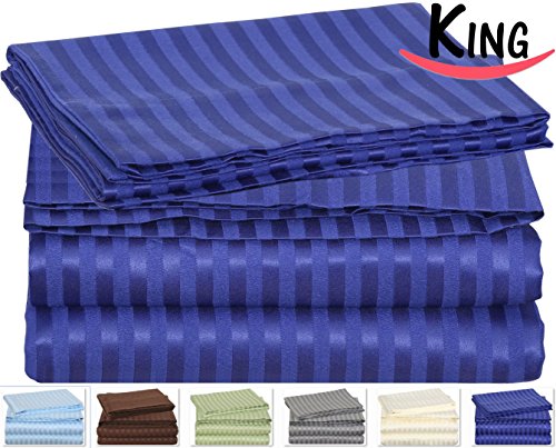 King Striped Bed-Sheet-Set Royal-Blue - Brushed Velvety Microfiber -Luxurious, Comfortable, Breathable, Soft & Extremely Durable - Wrinkle, Fade & Stain Resistant - Hotel Quality By Utopia Bedding