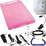 Sony Reader Touch Edition PRS-600 Rubberized Silicone Skin Case Cover (Pink), Screen Protector, USB Data HotSync / Charging Cable, Car Charger, Wall Charger Power Adapter, eBook Max Bright LED Light, Earphones, and a Free Carabiner key Chain