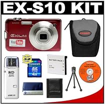 Casio Exilim EX-S10 (Red) Digital Camera with 4GB SDHC Memory Card + NP-60 Battery + Case + Cameta Bonus Accessory Kit