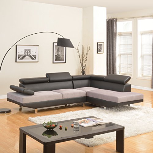 Modern Contemporary Designed Two Tone Microfiber and Bonded Leather Sectional Sofa (Black/Grey)