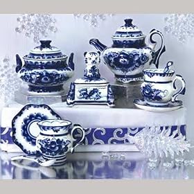 GZHEL/GJEL - GIFT BASKET/WINTER MORNING [Set includes: brewing teapot, sugar bowl, two tea sets (cup with saucer), two tea spoons and a butter dish box with a tiger on the lid. This set will make a remarkable gift on the eve of the New Year -- the Year of the Tiger] [There is always a good reason to delight your loved ones. After all, we know that giving gifts is as nice as receiving them. Nothing's quite like the magic you feel when you see a smile and the shining eyes of a beloved when they open a present! But it's not as easy as that. You must decide what to give, where to buy it and how to package it. Even normal things needed around the house can be elevated to the status of a gift when they aren't just bought and presented but beautifully wrapped and transformed into a surprise! For this purpose, we offer you this series of gift baskets suitable for any celebration!]