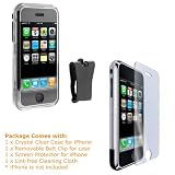 Apple iPhone 1st Gen (NOT for iPhone 3G) PDA Accessory Bundle Kit - Transparent Clear Crystal Snap On Cover Case with Belt Clip + Body Screen LCD Protector Film Guard with Bonus Cleaning Cloth By Bargaincell
