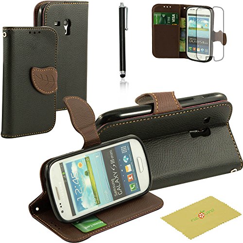 S3 Mini Case, Fulland Wallet Card Holder PU Leather Pouch Flip Leaf Style Case Cover with Stand for Samsung Galaxy S3 Mini I8190 Plus Stylus Pen and Screen Protector -Black