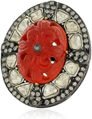 18kt Yellow Gold Rose Cut Diamond Orange Agate Carved Ring Silver Antique Jewelry