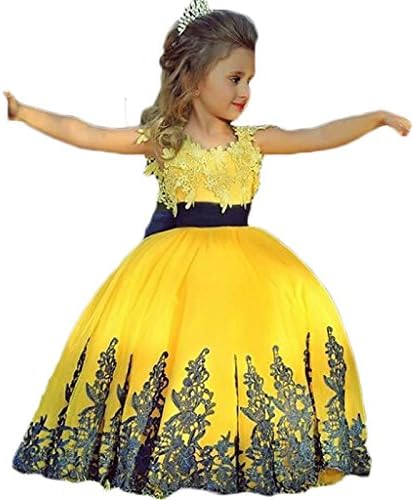 Girls' Yellow Appliques Scoop Crystal Satin Tutu Flower Girl Pageant Dresses