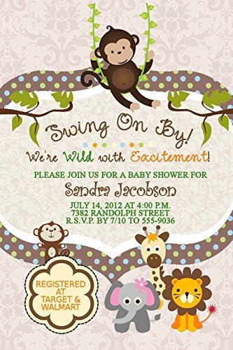 Jungle Baby Shower Invitations Swinging Monkey Giraffe Lion Elephant Personalized