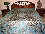 Gift for Her- Floral Print Raw Umber Sky Blue Reversible Pashmina Bedspread ....