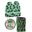 - 9 Piece Hawaiian Auto Interior Gift Set - Green Hawaii Hibiscus Floral Print: 2 Front Bucket Seat Cover, Steering Wheel Cover, 2 Shoulder Harness Pressure Relief Cover, 2 Front Floor Mat and 2 Rear Floor Mat - Green
