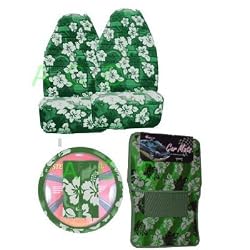 - 9 Piece Hawaiian Auto Interior Gift Set - Green Hawaii Hibiscus Floral Print: 2 Front Bucket Seat Cover, Steering Wheel Cover, 2 Shoulder Harness Pressure Relief Cover, 2 Front Floor Mat and 2 Rear Floor Mat - Green