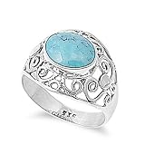 Rhodium Plated Sterling Silver Wedding & Engagement Ring Turquoise Bezel Set Ring 15MM ( Size 6 to 9)