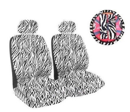 White Universal-Fit Zebra Tiger Print Low Back Front Bucket Seat Cover With Separate Headrest Cover, Steering Wheel Cover and Shoulder Seat Belt Pads Combo