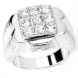 Solid Sterling Silver Cubic Zirconia Rhodium Plated Men's Ring with Eye-Catching Center CZ Design
